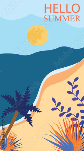 Print vibrant Summer Tropical Beach Landscape  mobile wallpaper  with Colorful Flat Design Backgrounds