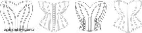 Elegant corset top technical drawing set, structured bodice with seam lines, front and back views – vector illustration