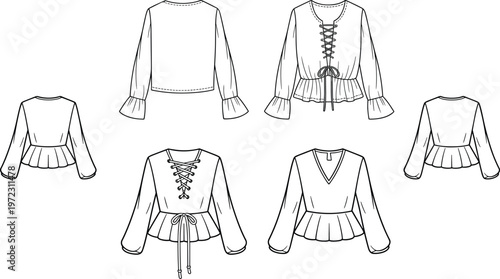 Elegant women lace up peplum blouse variations, front and back views with bell sleeves, detailed fashion line drawing set – vector illustration
