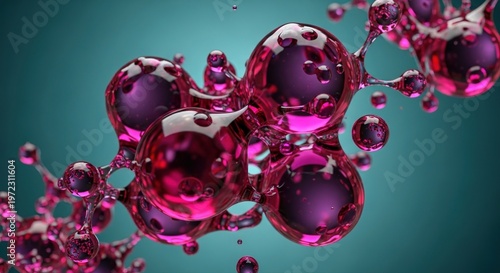 Vibrant pink molecular structure gracefully floats in abstract arrangement against a soothing teal background, showcasing scientific beauty