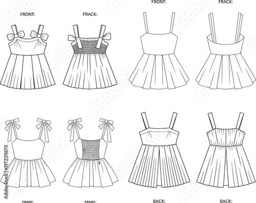 Girls summer dress sketch collection, pleated skirts and strap variations, front and back outfit designs – vector illustration