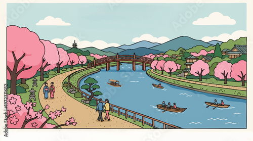 Serene scene of cherry blossoms lining a picturesque river and bridge Vector, illustration