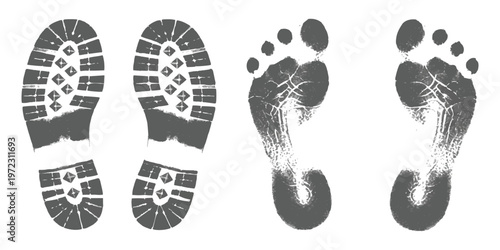 Set of human footprints and boot shoe prints isolated on white background vector illustration for creative design