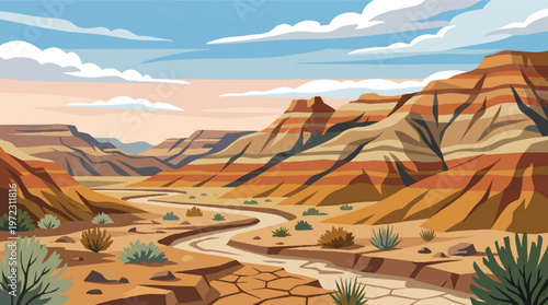 A serene desert landscape under a vast and partly cloudy sky Vector, illustration