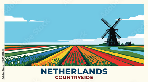 Vibrant tulip fields and windmill in the picturesque netherlands countryside Vector, illustration