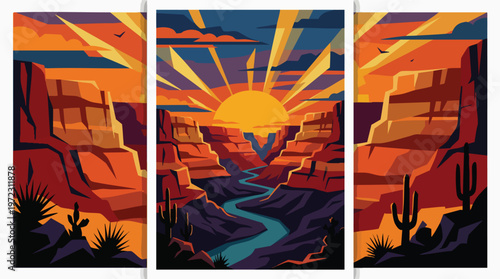 Desert canyon at golden hour with radiant sunlight and ancient ruins Vector, illustration