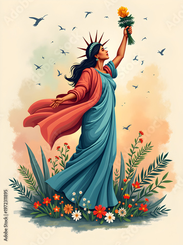 National Freedom Day vintage poster illustration with the Statue of Liberty and a sun background.