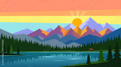 Serene sunset over mountainous lake and pine forest Vector, illustration