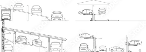 Automated car parking system diagrams, multi level vehicle lift mechanisms and smart garage concepts, engineering line art collection – vector illustration