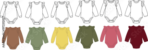Baby ruffle sleeve bodysuit collection, long sleeve infant romper set, multiple color variations, detailed apparel line drawing templates – vector illustration