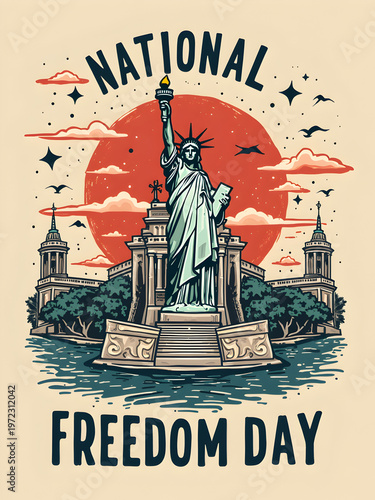 National Freedom Day vintage poster illustration with the Statue of Liberty and a sun background.