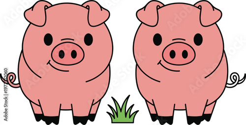 Cute Cartoon Pigs in Pink with Grass for Kids Coloring Pages and Farm Animal Illustrations