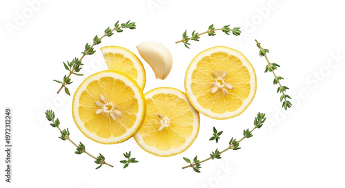 Lemons slices with thyme and garlic, isolated on transparent background