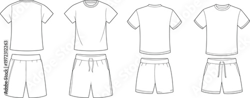 Casual t shirt and shorts set, relaxed summer outfit collection, front and back apparel line drawings, modern clothing template – vector illustration