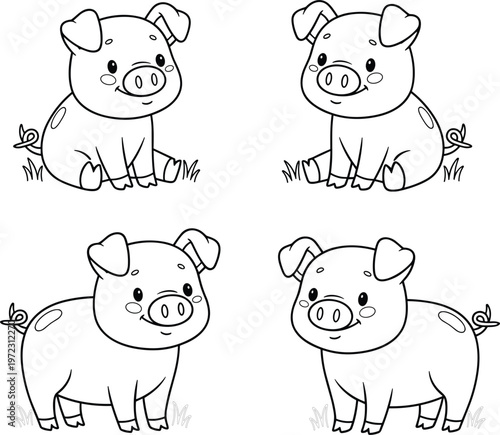 Cute Cartoon Pigs in Different Poses for Kids Coloring Pages in Black and White Line Art