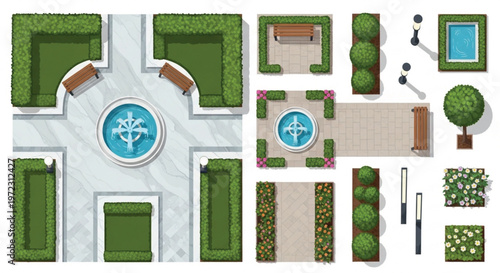 Top View Park and Garden Landscape Elements Set Vector