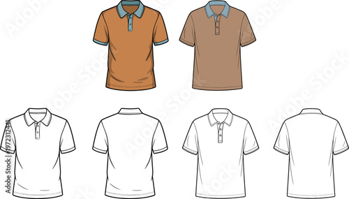 Classic polo shirt vector set, short-sleeve collared t-shirt with placket detail, multiple views design – vector illustration