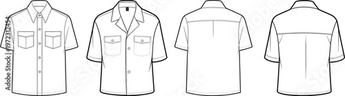 Classic short sleeve work shirt designs, dual chest pocket styles with structured yoke detail, clean garment technical drawing – vector illustration