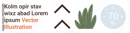 Progress tracking, growth, information design, user interface, environment, analytics. A 70 progress circle, upward arrows plant graphic and placeholder text. Progress tracking and growth