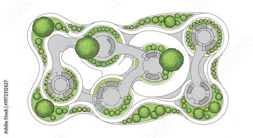 Landscape architectural plan with curved garden paths, top view site map of public park with green trees, urban plaza master plan vector
