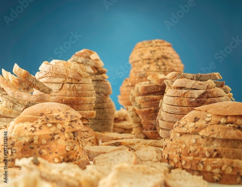 Foto In a whimsical landscape, towering formations of sliced bread rise like enchanting cliffs