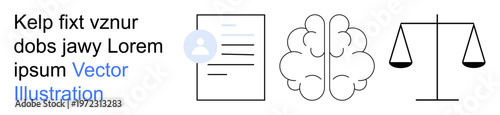 Identity verification, legal balance, decision-making, mental health, documentation, processing. Person icon with document, brain and scale icons. Identity verification and legal balance concepts