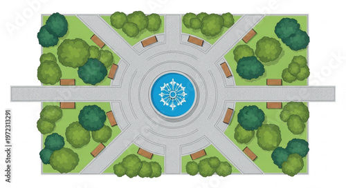 Top view city park map with central water fountain, public garden landscape design with green trees and benches, urban square vector illustration