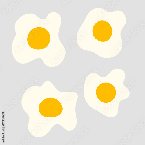 Four simple fried eggs with bright yellow yolks and white egg whites, arranged in a grid. These minimal, flat vector illustrations feature organic shapes on a light gray background.