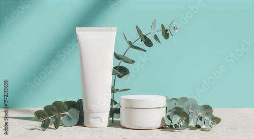 White cosmetic tube and jar with eucalyptus leaves on a light blue background