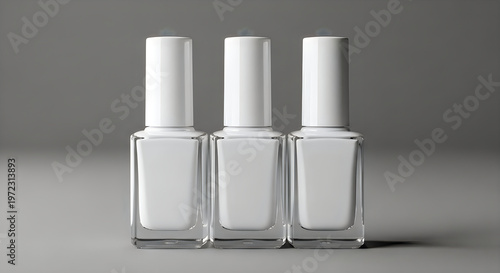 Three empty clear nail polish bottles with white caps on gray background
