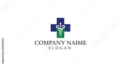 Medical logo with blue cross and rod of Asclepius.