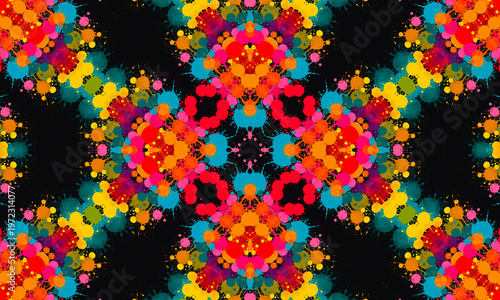 Bright kaleidoscopic pattern of multicolor blots and dots