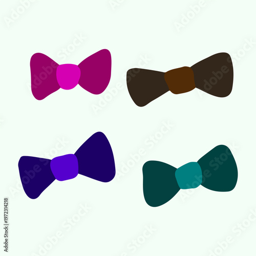 A set of four colorful bow ties in pink, brown, purple, and teal, displayed in a simple flat vector style on a light background.