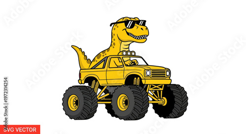 Cool T-Rex Dinosaur Driving Yellow Monster Truck with Sunglasses