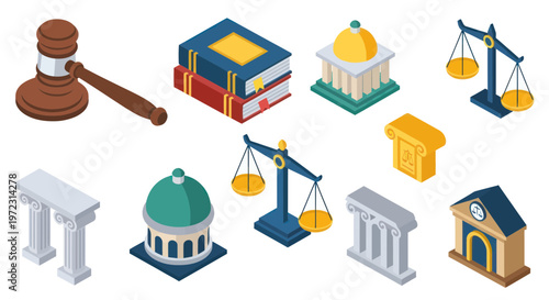 Law and Justice Icons: Gavel, Scales, Books, Court Buildings, Pillars