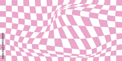 Abstract vector seamless pattern with distorted cage in y2k style. Twisted checkered funky background. 90s, 00s aesthetic. Retro wavy psychedelic checkerboard