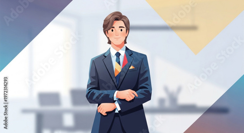 Confident businessman standing in modern office space with arms crossed wearing formal suit and tie conveying professionalism and leadership