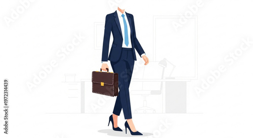 Professional businesswoman walking with briefcase in hand wearing formal attire high heels and a confident stride in office background