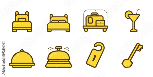 Concierge and hotel service icon set. Reception, bellboy, luggage, front desk and hospitality symbols for travel and accommodation. Solid vector icons. Collection of hotel service icons vector.
