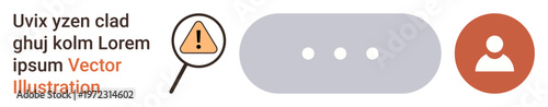 Data analysis, user interface design, caution notifications, digital identities, information review, security. Warning icon magnified, ellipsis bar user avatar. Data analysis and user interface