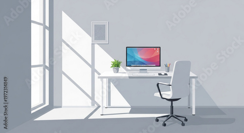Modern home office with computer and chair by sunny window minimalistic workspace
