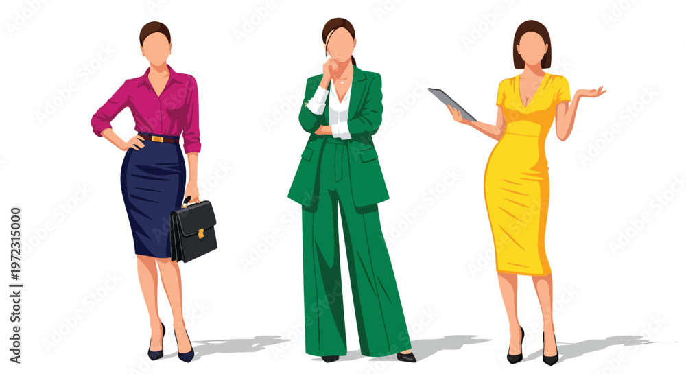 Fototapeta premium Flat style vector illustration of business women in formal office outfits posing in different gestures, modern corporate fashion collection isolated on clean background for professional use