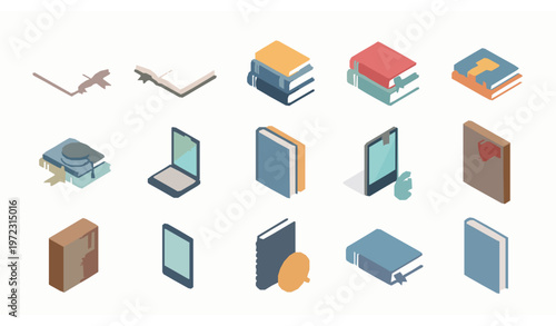 Modern Isometric Book Icons Set with 12 Flat Education Symbols for eLearning Platforms, Library Systems and Publishing Interfaces