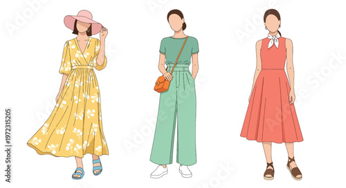 Flat style vector illustration of women in spring outfits, modern feminine fashion collection isolated on clean background