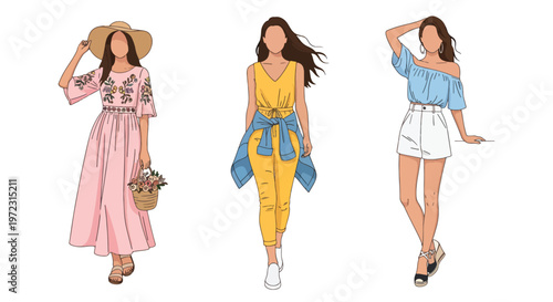 Flat style vector illustration of women in spring outfits, modern feminine fashion collection isolated on clean background