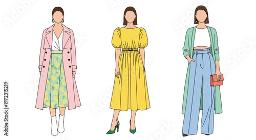 Flat style vector illustration of women in spring outfits, modern feminine fashion collection isolated on clean background