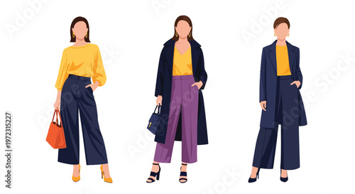 Flat style vector illustration of women in spring outfits, modern feminine fashion collection isolated on clean background