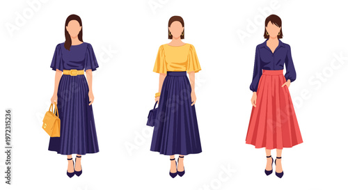Flat style vector illustration of women in spring outfits, modern feminine fashion collection isolated on clean background