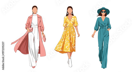 Flat style vector illustration of women in spring outfits, modern feminine fashion collection isolated on clean background
