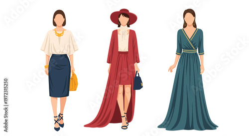 Flat style vector illustration of women in spring outfits, modern feminine fashion collection isolated on clean background